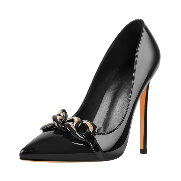Black Pointed Toe Metal Chain Stiletto Pumps - Image 2