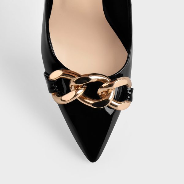 Black Metal Chain Pointed Toe Patent High Heels Stiletto Pumps - Image 3