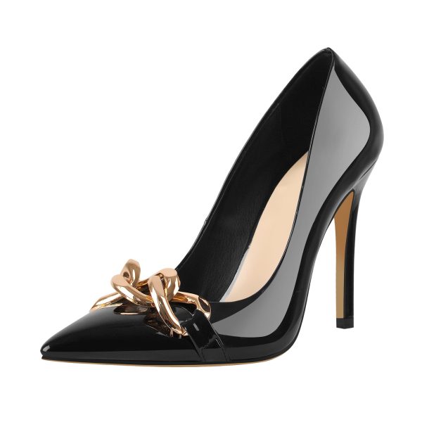 Black Metal Chain Pointed Toe Patent High Heels Stiletto Pumps - Image 2