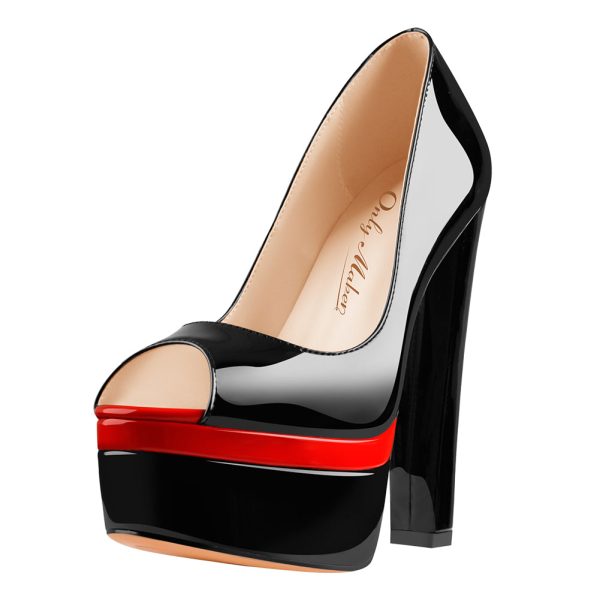Black Peep Toe Double Platform Stiletto High Heel Pumps - Image 2