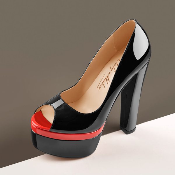Black Peep Toe Double Platform Stiletto High Heel Pumps - Image 3