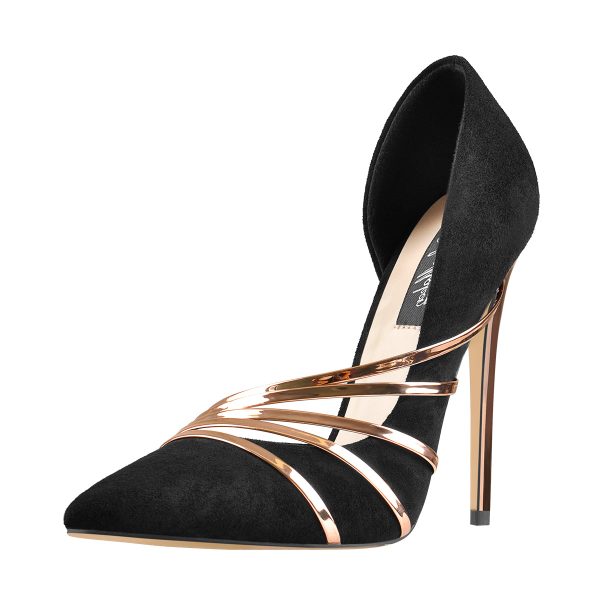 Pointed Toe Black Suede High Heel Gold Stiletto Pumps - Image 2