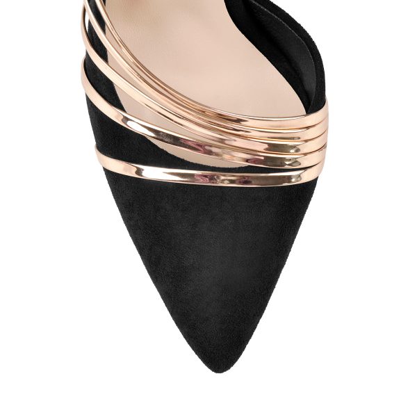 Pointed Toe Black Suede High Heel Gold Stiletto Pumps - Image 4