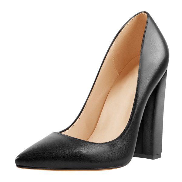 Matte Black Elegant Classic Pointed Toe Pumps Chunky Heels - Image 2